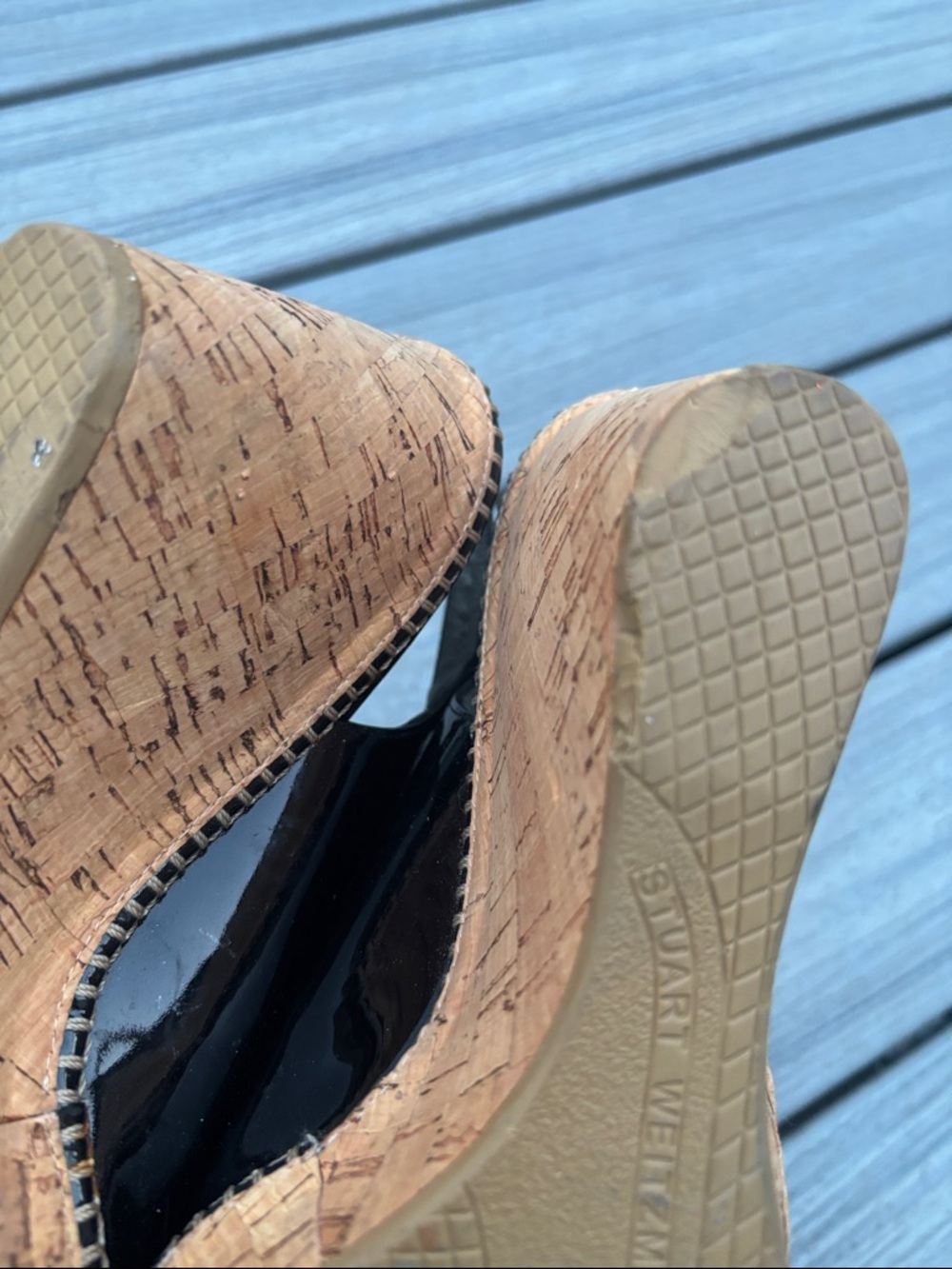 Stuart Weitzman Black Patent Cork Wedge Sandals - Picture 6 of 6